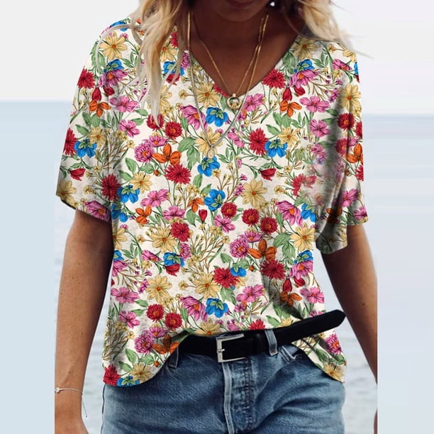 Pntutb Moda Mujer Verano Impreso Manga Corta Cuello V Camiseta Casual Tee tops Pntutb Pntutb-2074