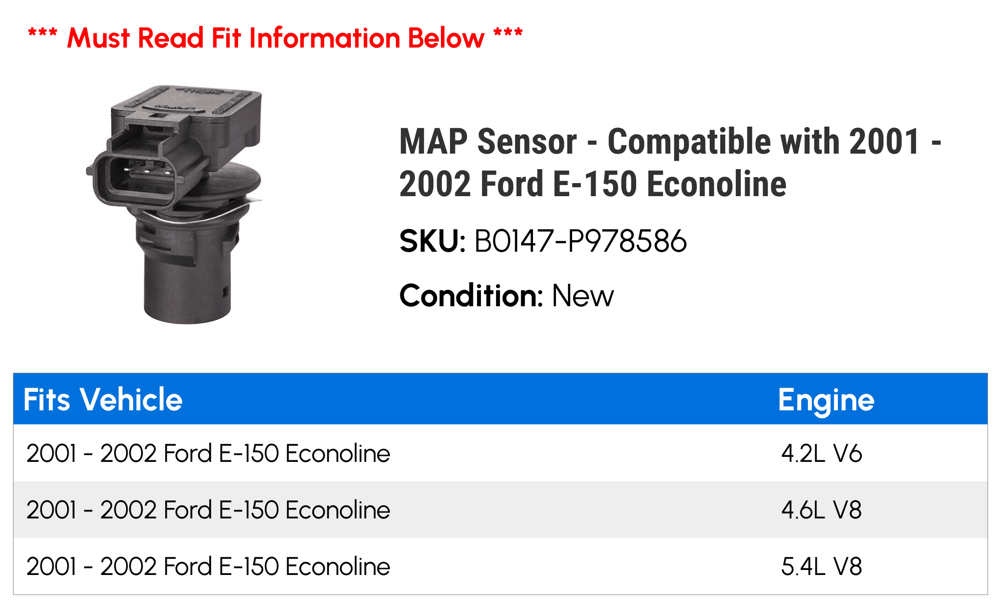 MAP Sensor - Compatible with 2001 - 2002 Ford E-150 Econoline