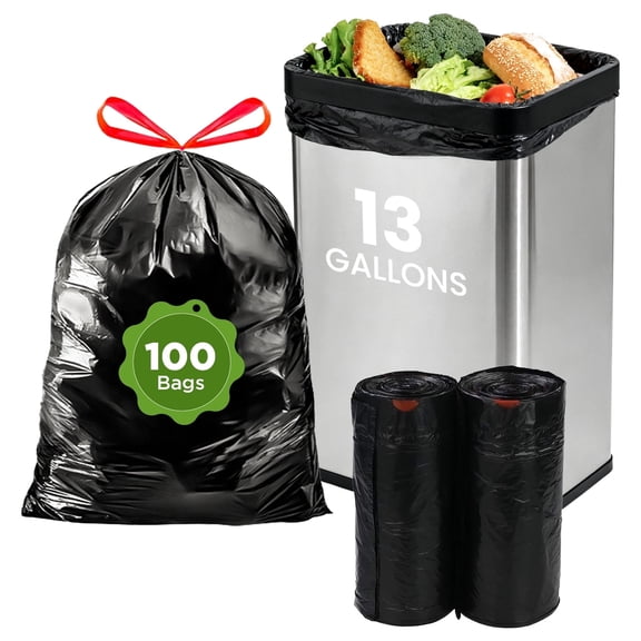 13 Gallon Trash Bags, 100 Count Tall Kitchen Drawstring Garbage Bags, Leakproof Unscented Can Liner for Home & Office, Black