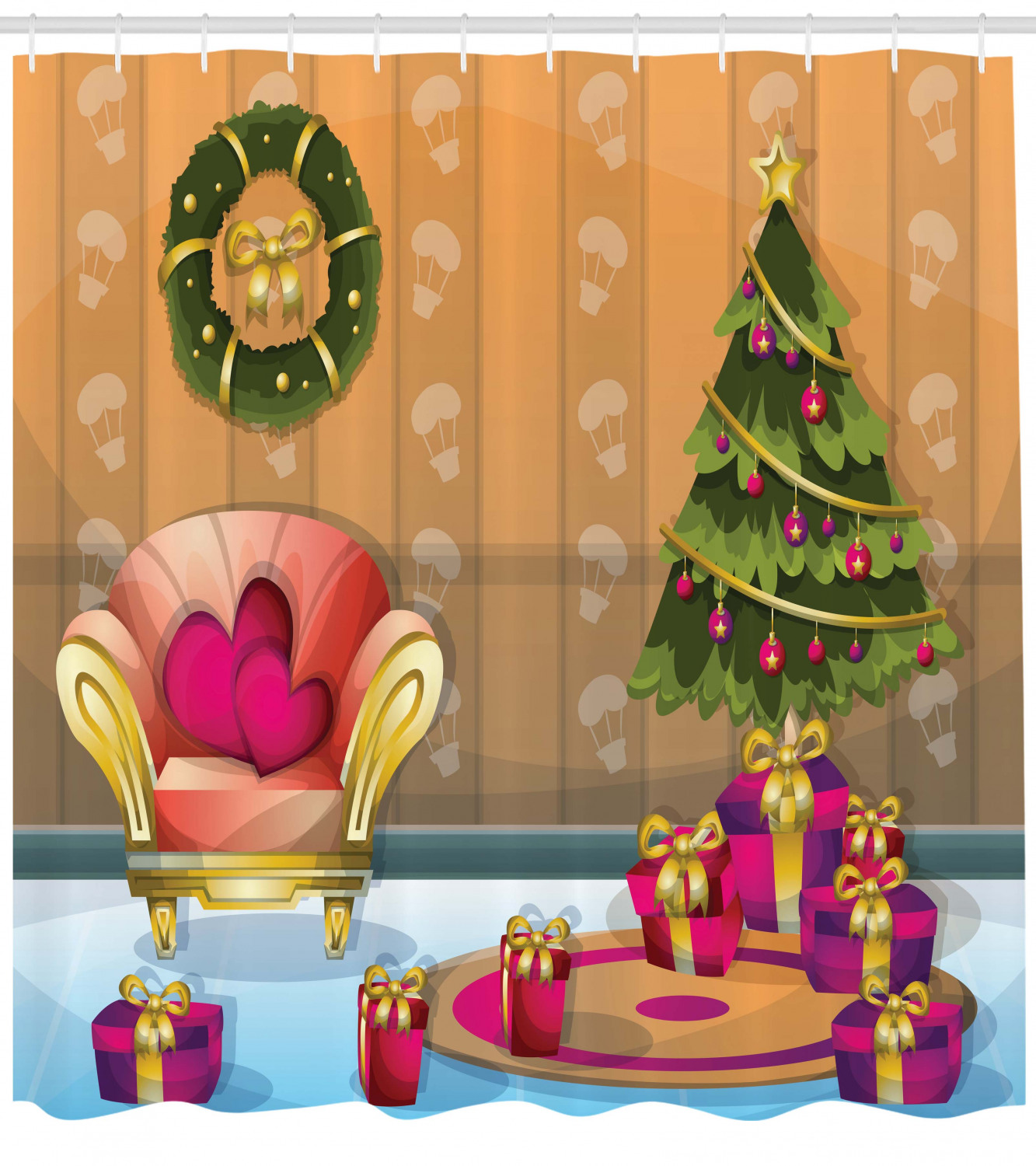 Christmas Shower Curtain Happy Noel Themed Cartoon Of Room With Lovely Seat Flourish Tree And Gift Boxes Fabric Bathroom Set With Hooks Multicolor By Ambesonne Walmart Com Walmart Com