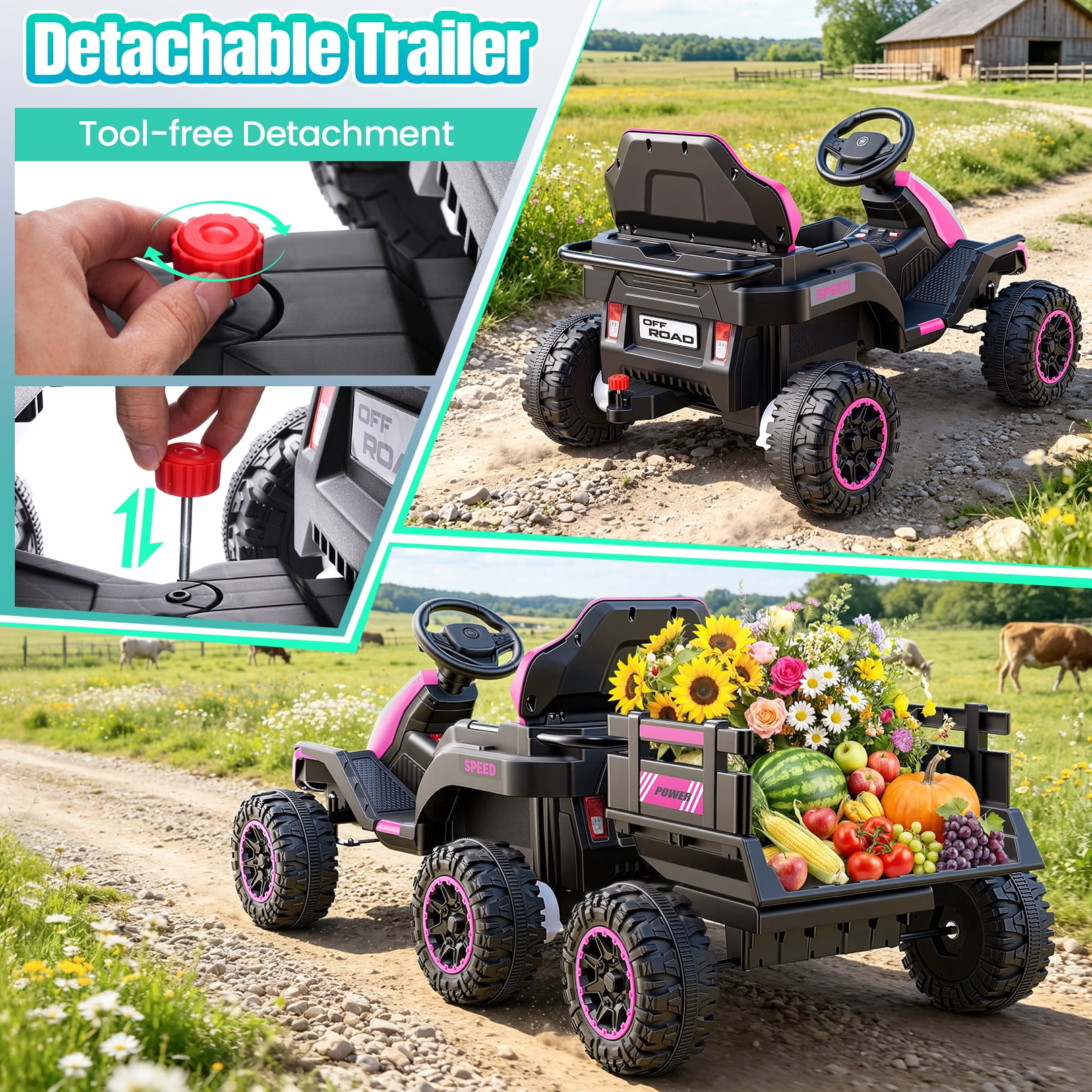 VIBESPARK 24V Ride on Toys with Remote Control, 3 in 1 Ride on Car, Ride on Tractor for Kids with Trailer, 6 Wheel Kids Electric Car w/ Bluetooth, MP3, Music, Pink
