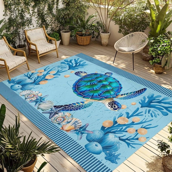 Coastal Ocean Outdoor Area Rug 6x9ft Decorative Indoor Outdoor Rug Sea Turtles Starfishs Blue Patio Area Rug for Porch, Deck, Balcony, Entryway, Camping & RV