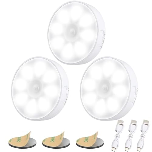 Upgraded Motion Sensor Light,8 LEDs,3 Pack Rechargeable,120 Detection,3 Modes - Closet,Bedroom,Stair,Hallway Light - 6000K Cold White