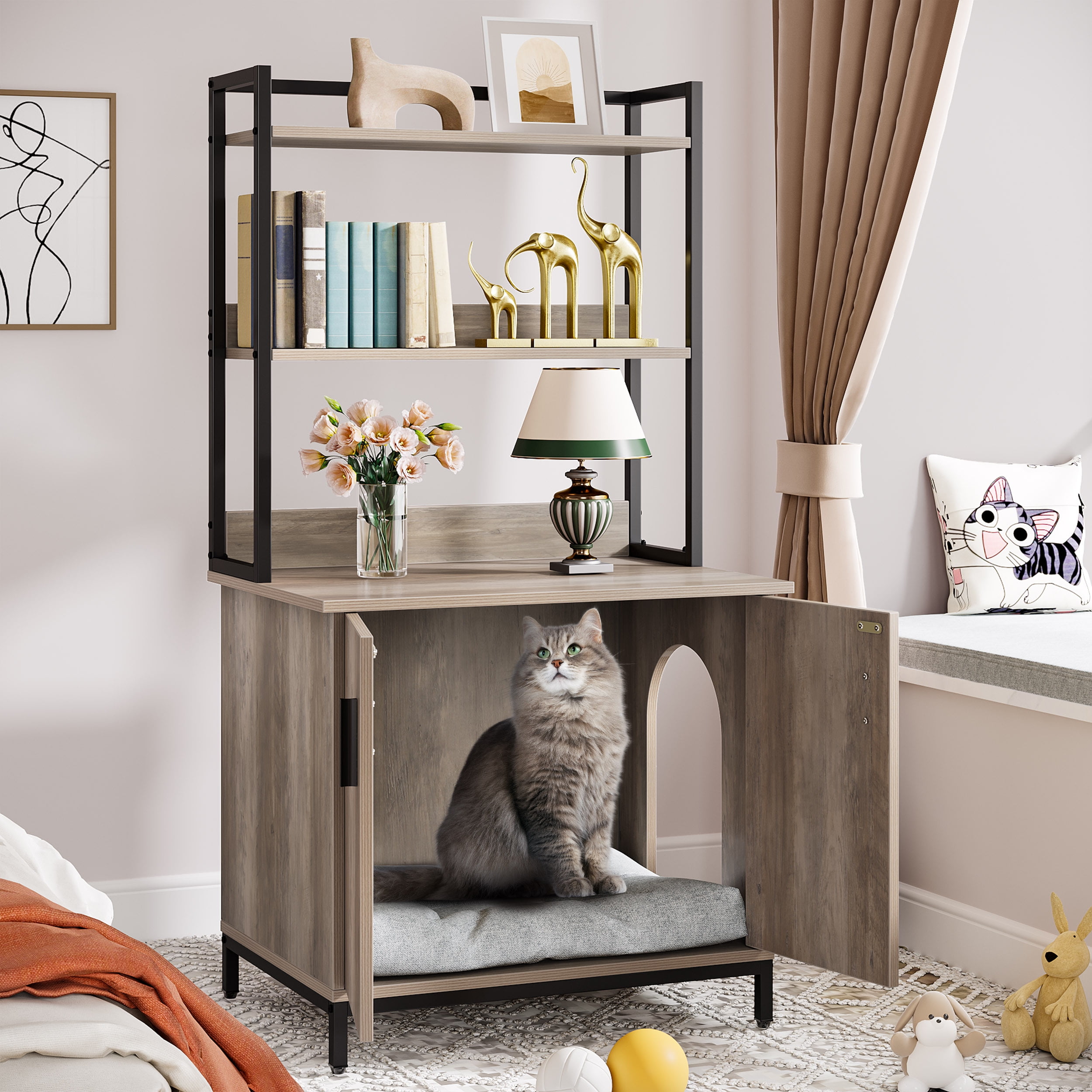 BYBLIGHT Kellum Rustic Brown Litter Box Enclosure, Industrial Cat Cabinet with Shelves and Doors, Wood Pet Crate Hidden Washroom