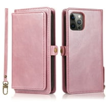 ELEHOLD for iPhone 13 Pro 6.1 inch Luxury Multi-Functional Wallet Case with Card Slots Dual-Use Detachable Phone Case Magnetic Function Lanyard Shockproof Wallet Case,Rosegold