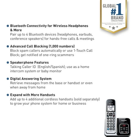Panasonic - KX-TGD892S DECT 6.0 Expandable Cordless Phone System with Bluetooth Pairing for Wireless Headphones - Silver