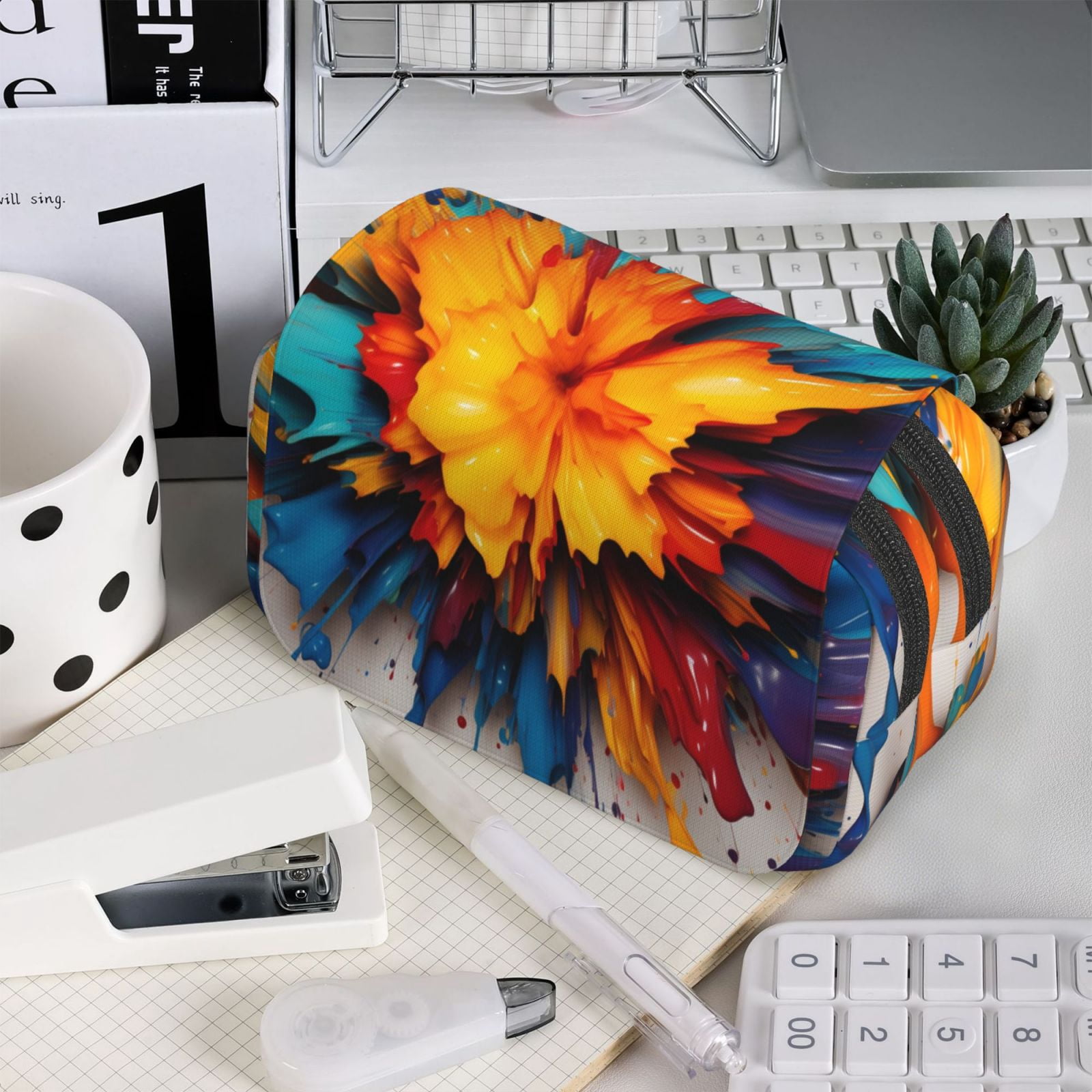 Rateoe Colorful Paint Print Pattern Double Clamshell Pen Case, Storage Organizer with Two Zipper Compartments– Holds Up to 50 Pencils & Pens