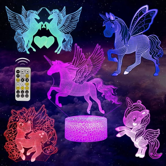 YSITIAN 5 Pattern Unicorn 3D Night Light for Girls Bedroom Led Light Illusion Lamp 7 Color Changing Touch and Remote Control Unicorn Toys YT-7347