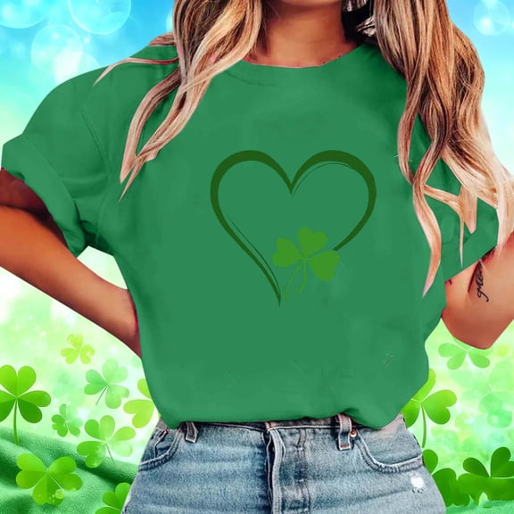 Qetyuw Women's St Patrick's Day Tops Crew Neck Short Sleeve Summer Casual Tee Shirts Shamrock Love Heart Printed Shirt