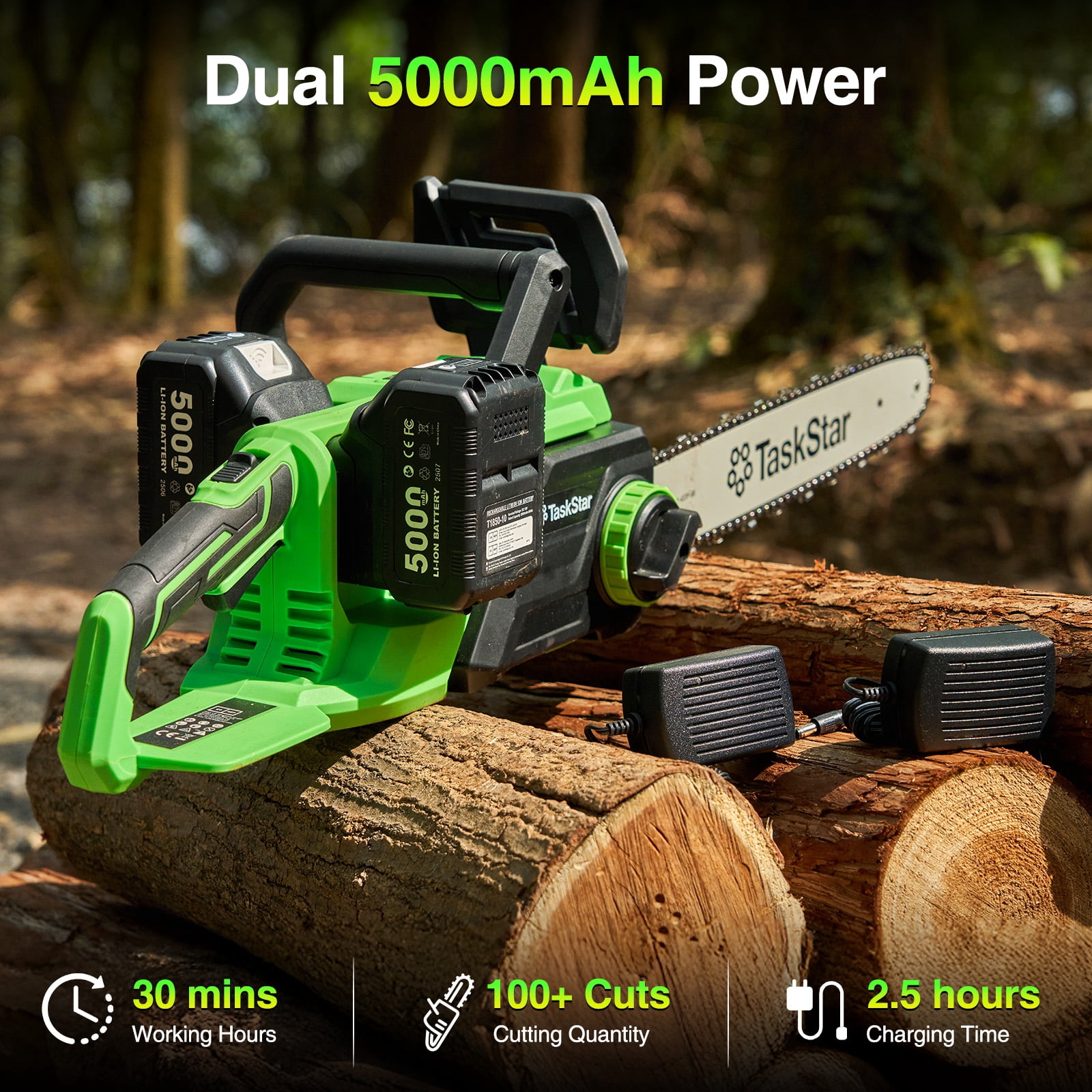 TaskStar 40V 16In Cordless Chainsaw Brushless Electric  Pruning Saws , 2×5.0Ah Batteries & Charger,Auto Oiling, for Tree Trimming Wood Cutting
