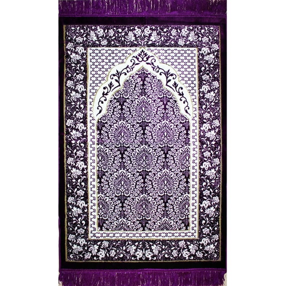 Modefa Turkish Islamic Ipek Floral Plush Velvet Prayer Rug Janamaz Sajjadah Namaz Seccade with Prayer Cap - Purple