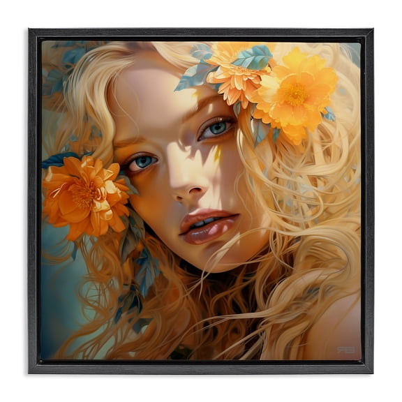Stupell Industries Eclectic Girl & Orange Blossoms Black Floating Frame Canvas Art, 18 x 18, by RB