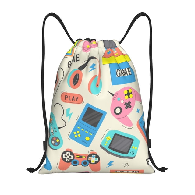 Xecao Playing Video Games Pattern Sports Drawstring Backpack - String Swim Gym Bag with Wet Proof Pocket for Women&Men-Small