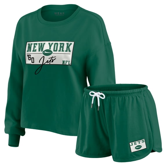 Women's WEAR by Erin Andrews Green New York Jets Heavy Rugby Jersey Long Sleeve T-Shirt & Shorts Lounge Set