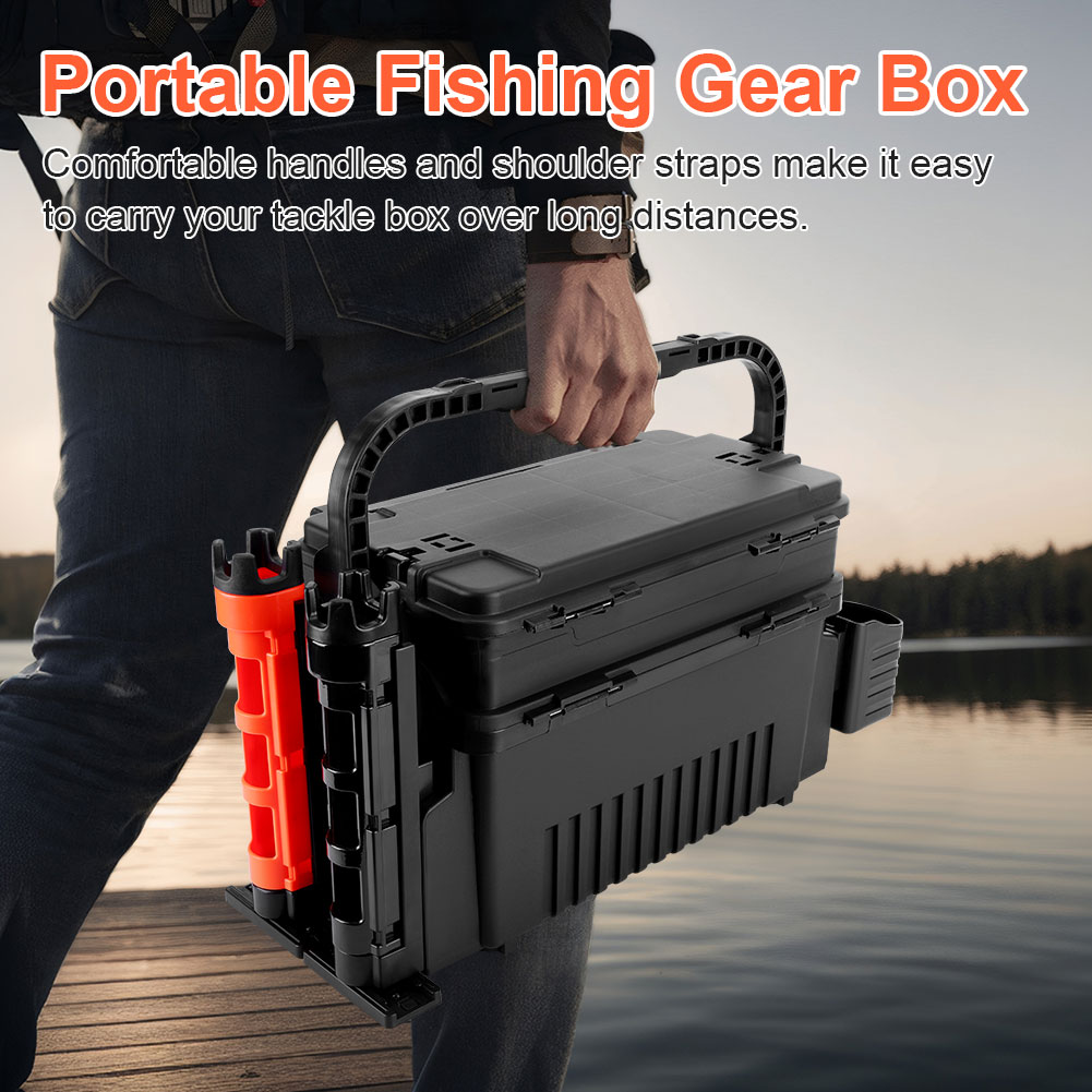 SHegdu 2 Tier Fishing Tackle Box Fishing Tackle Storage Box with Cup & Rod Holder Fishing Gear Carry Case Adjustable Fishing Organizer Case Large Capacity Fishing Accessories