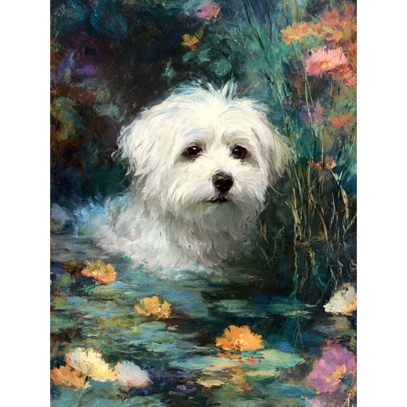 Maltese Dog Floral Oil Painting Hallway Kitchen Home Wall Decor