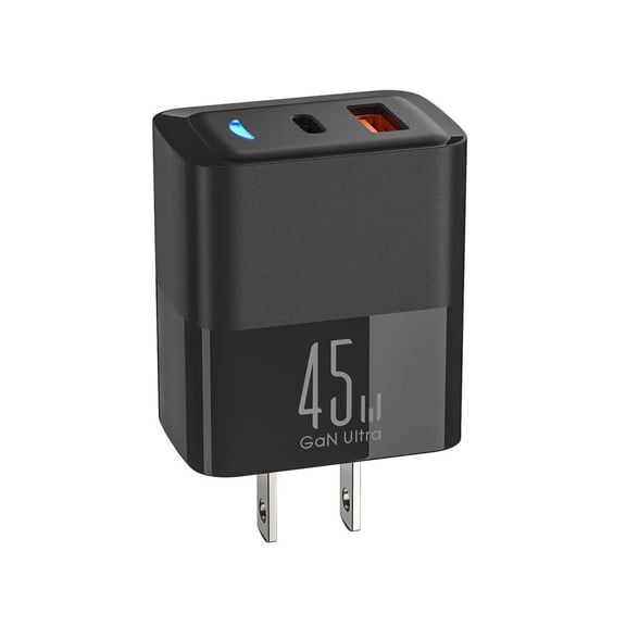45W GaN Travel Charger, USB C and USB A Dual Port Power Adapter, 100-240V for Phone and Tablet
