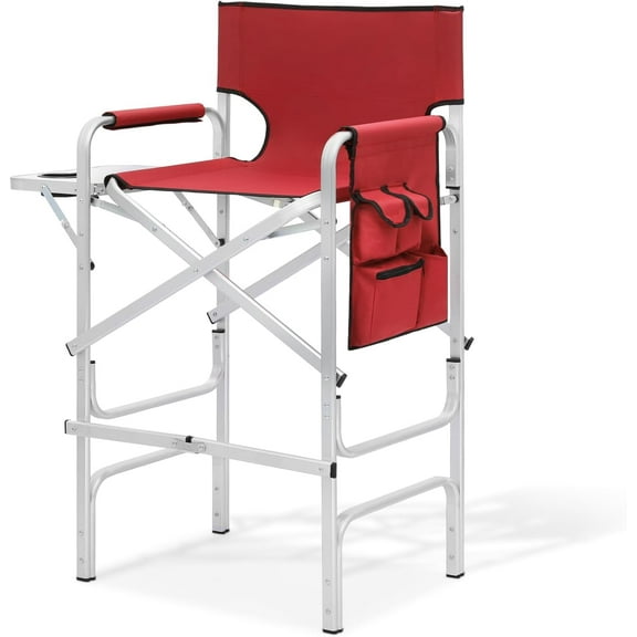 QRKD Tall Director Chair for Seniors & Makeup Artists, 31" Seat Height, 250 lbs Capacity, Folding Chair with Side Table, Side Pocket & Cup Holder, Portable for Camping, Fishing & Events, Red