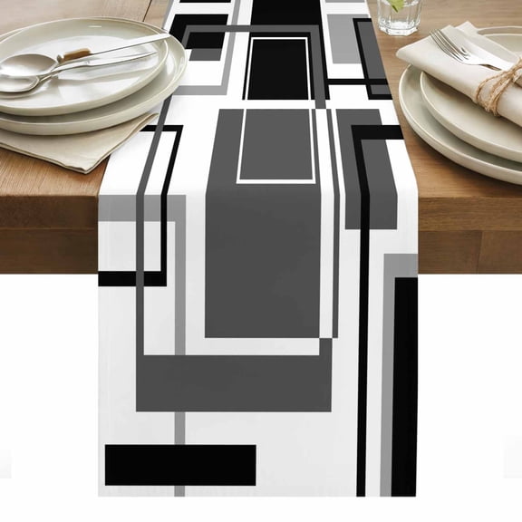 Black Grey Geometric Table Runner - 108 Inch Long, Kitchen Dining Table Runner Dresser Scarves, Gray Abstract Striped Art Farmhouse Decor for Coffee Tables Wedding Party Banquet