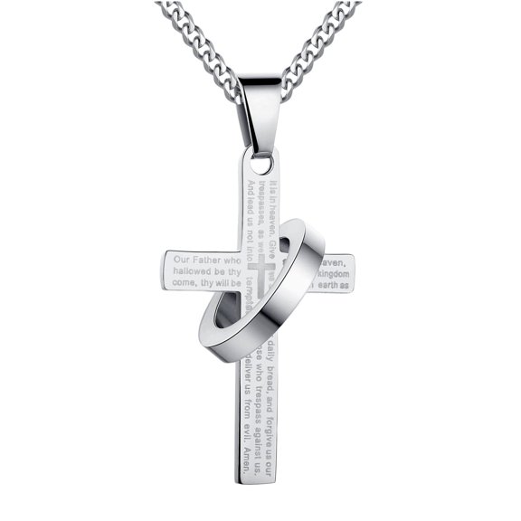 BKBP Cross Pendant Necklace Fashion Men's Stainless Steel Our Father Prayer Ring Chain