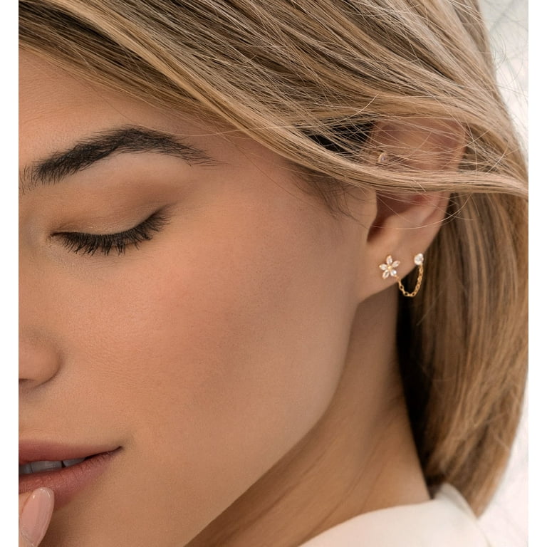 Anygolds 14K Real Solid Gold Marquise Cubic Zirconia Flower Chain  