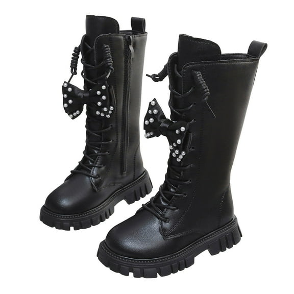 Girls Knee High Boots Sweet Pearl Bowknot Lace up Side Zipper Winter Tall Booties Waterproof Leather Chunky Heel Mid Calf Boots Black 13.5 Little Kids
