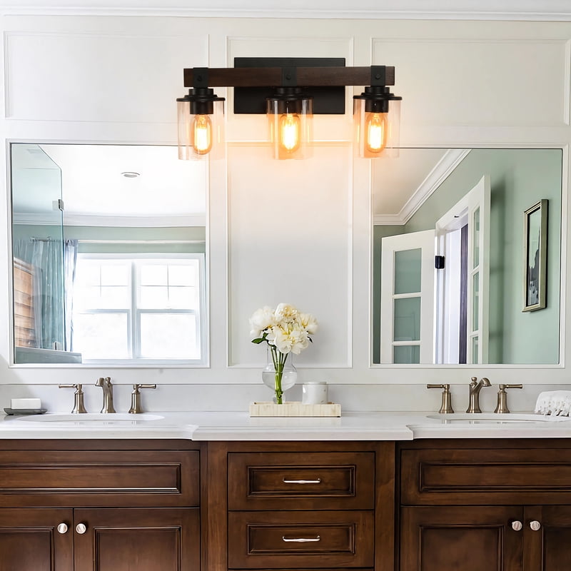 Rustic Farmhouse Vanity Light Industrial Bathroom Wall Sconce with Glass Shades and Wood Accent Lighting Fixture (No Bulbs)