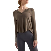 SWSMCLT Women's V Neck Top Crop Blouse Long Sleeve Fall Spandex Shirt Workout Casual Running Yoga Soft Fashion Brown 0-2