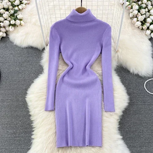 Vestido de tubo ajustado de punto de manga larga con cuello alto para mujer, suéter básico elegante, ropa Sexy de moda, Otoño e Invierno
