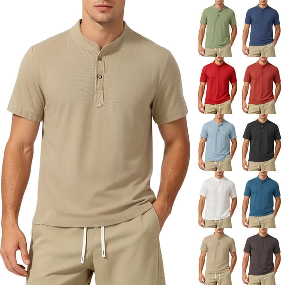 Lovzfmll Men's Summer Fashion Casual Stand Collar Solid Color Linen Short Sleeve Shirt, Soft Breathable Beach Top Navy, 2XL