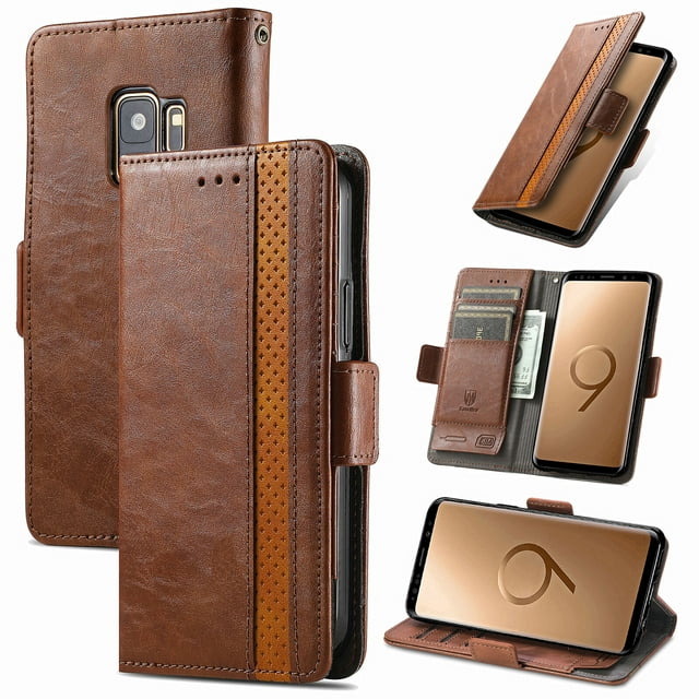 Case for Samsung Galaxy S9 Cover Leather Wallet Folio Case Book Design Flip Magnetic Closure - Brown