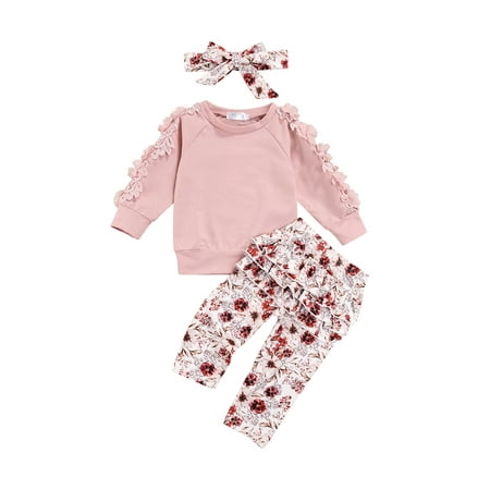 

Sunisery 3Pcs Little Girls Outfit Set Autumn Toddlers Lace Long Sleeve Tops + Floral Printing Pants + Headwear 12-18 Months