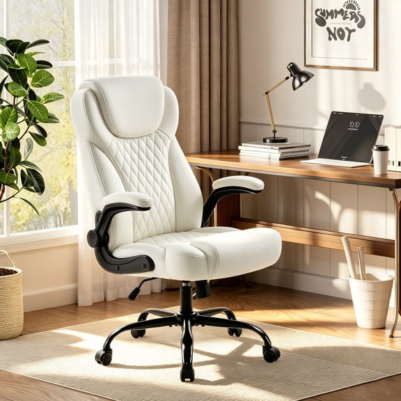 TMV Office Chair, Ergonomic Big and Tall Computer Desk Chairs, Executive PU Leather Chair with Adjustable Flip-up Armrests, Lumbar Support Swivel PC Chair with Rocking FunctionWhite