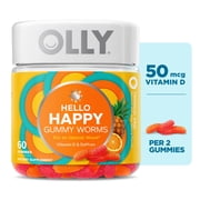 (3 pack) OLLY Hello Happy Gummy Worms, Saffron ExtraCount, Vitamin D, Tropical Zing Flavored, 60 Count
