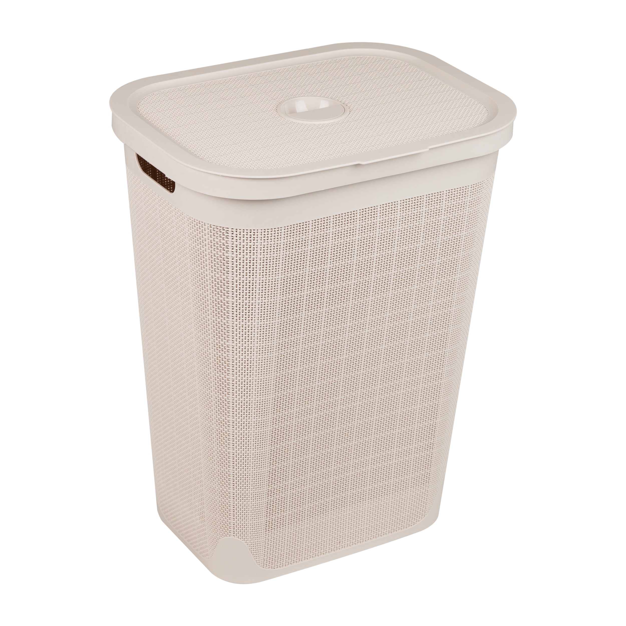 Mind Reader 60L Slim Laundry Hamper, Clothes Basket, Lid, Linen Design, Plastic, Ivory