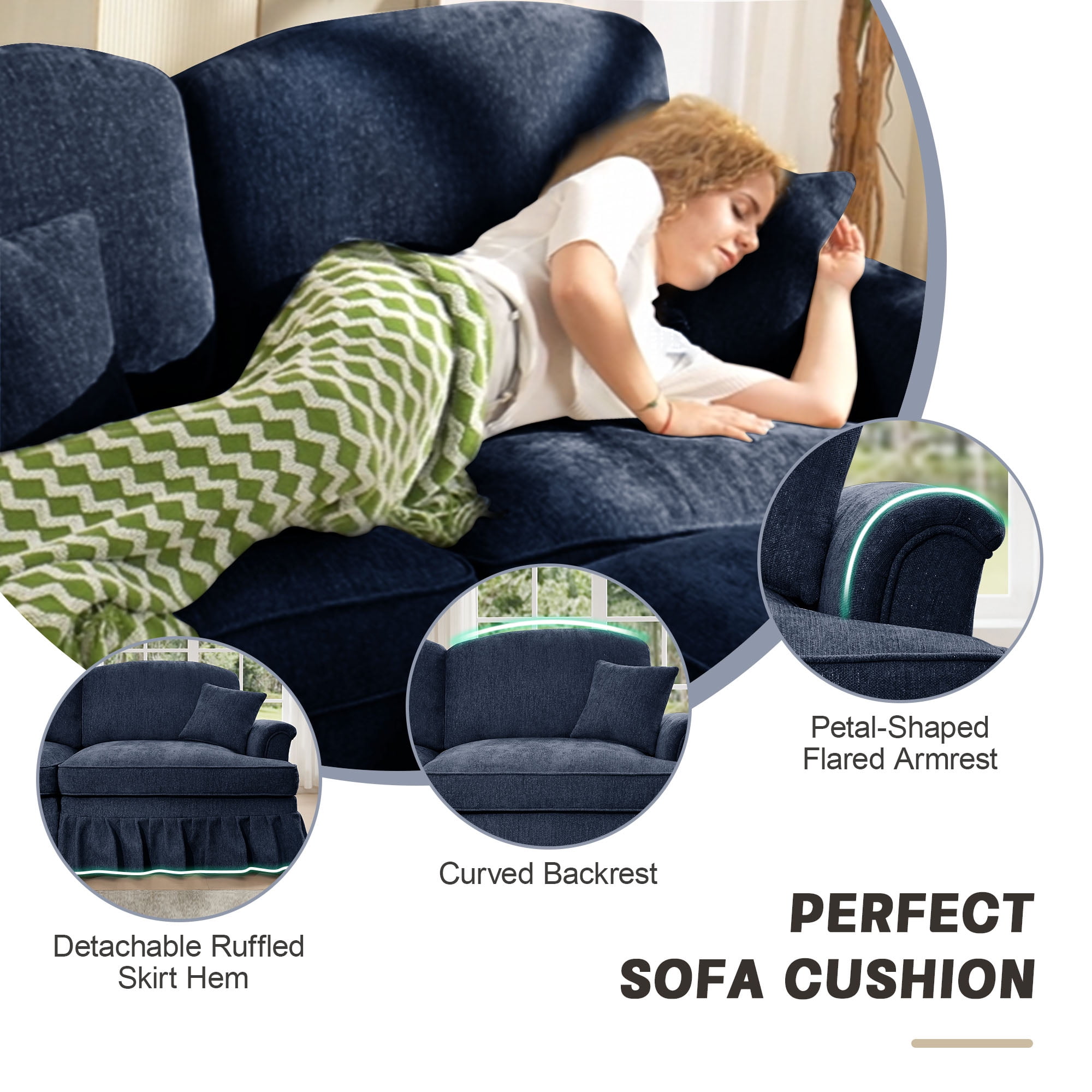 Firscook 76” Chenille Loveseat Sofa, Oversized Couch for Living Room, Blue
