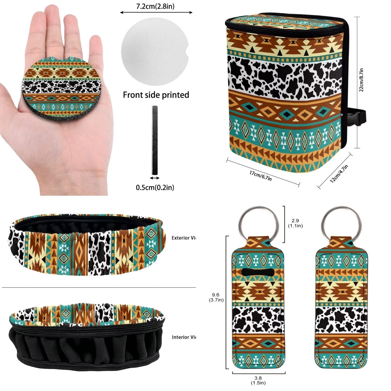 KUIFORTI Cow Print Car Seat Covers Full Set with Steering Wheel Cover Boho Car Accessories for Women Front Rear Seat Covers Wrist Strap Seat Belt Cover for SUV Car