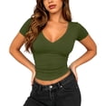 thumbnail image 4 of Xaqiouau Womens V Neck Tops Short Sleeve Ruched Slim Fitted Shirts Going Out Dressy Solid Blouses Summer Basic Tees, 4 of 8