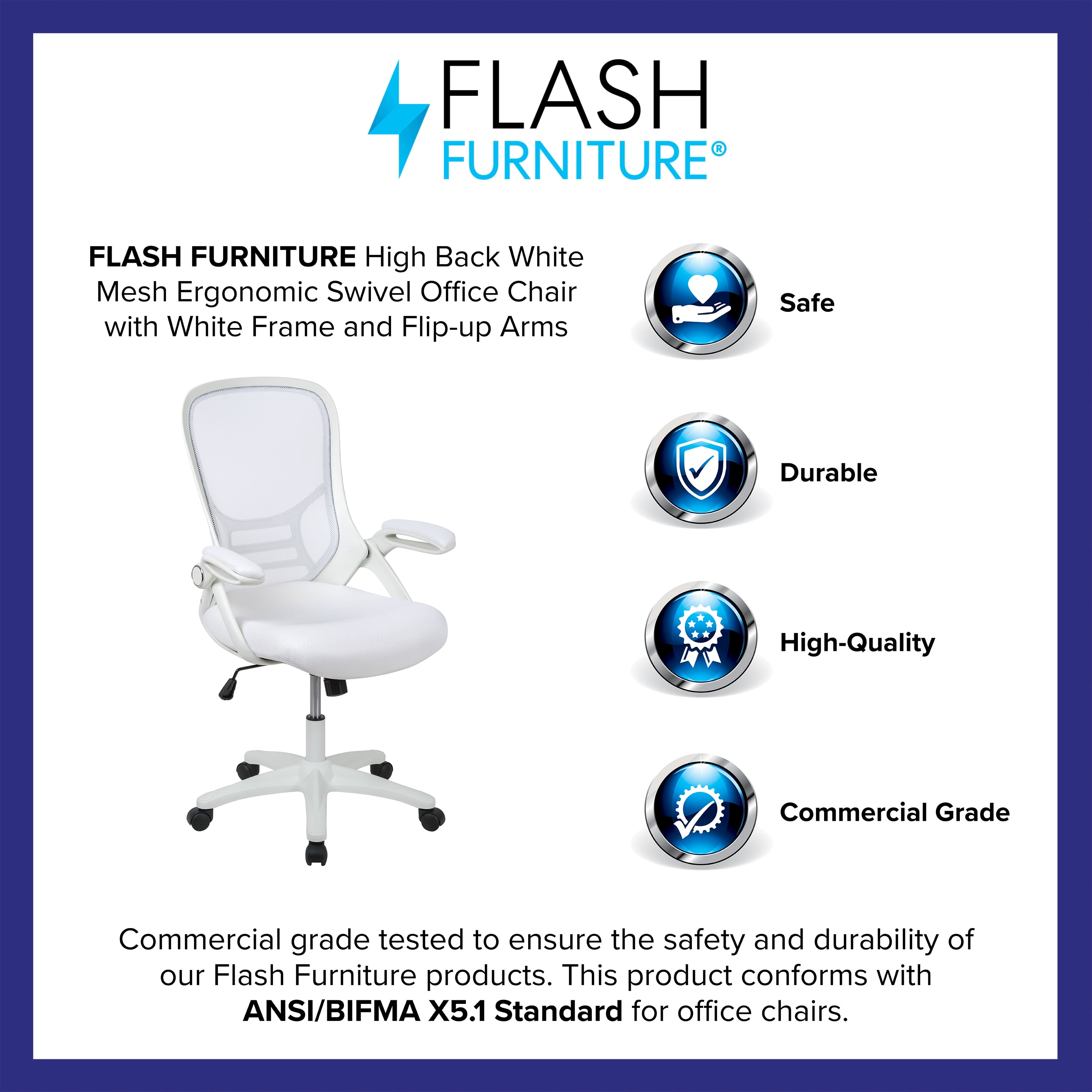 Emma + Oliver High Back White Mesh Ergonomic Office Chair with White Frame and Flip-up Arms