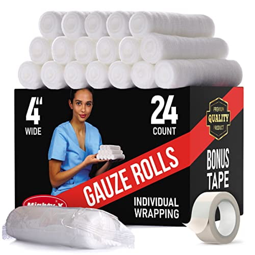 Premium Gauze Rolls 24 pack 4" Individually Wrapped + Bonus Tape