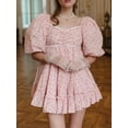 thumbnail image 2 of Women Summer Mini Dress New Vintage Sweet Chic SoftRed Floral Print Lace Square Neck Puff Sleeve Short Tutu Dress Female-as picture-S, 2 of 5
