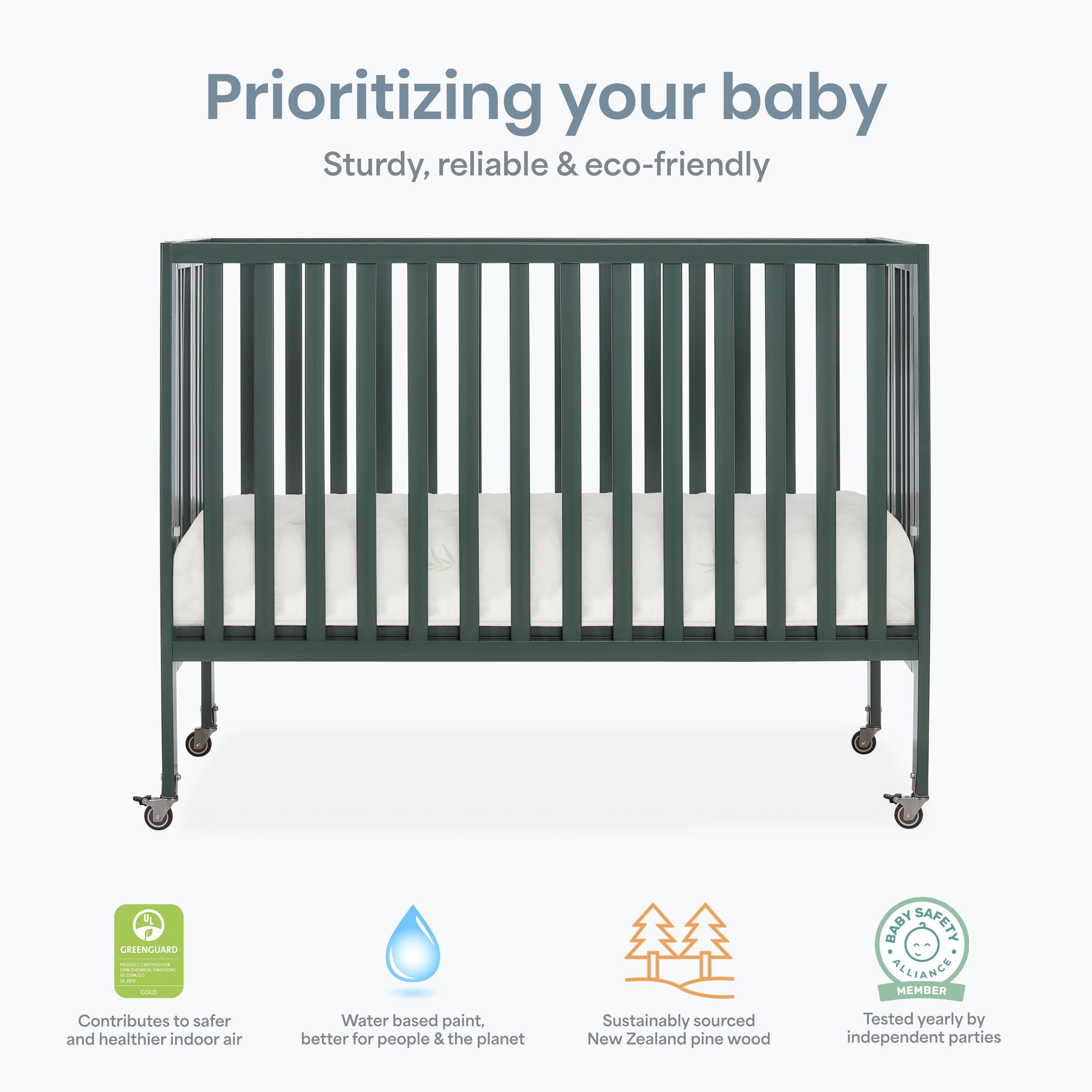 Dream On Me Quinn Full-Size Folding Crib, Removable Wheels, Modern Nursey, Adjustable Mattress Support, Patent Folding System in Olive