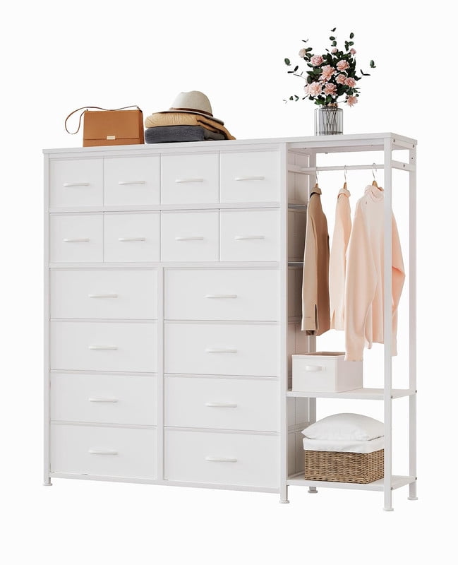 TROPOW Tall Dresser for Bedroom, Fabric Dressers with 16 Drawers & Clothes Rack & 2 Storage Shelves, PU Closet Dresser with Hanging Space, Large Chests of Drawers