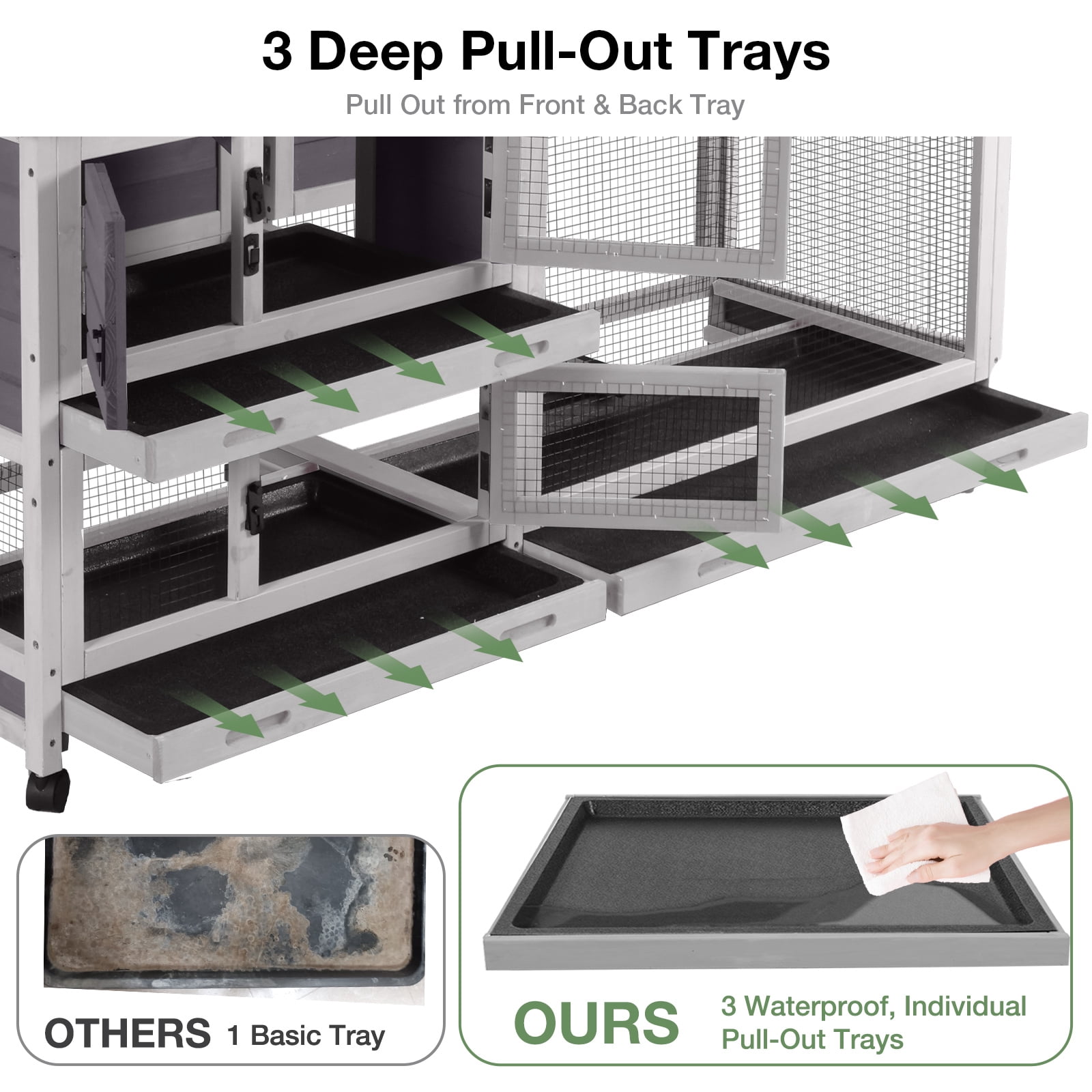 Aivituvin 62" Rabbit Hutch with Wheels for Outdoor & Indoor, 2-Story Bunny Cage with Pull Out Tray, Chew-Proof Ramp, Waterproof Roof