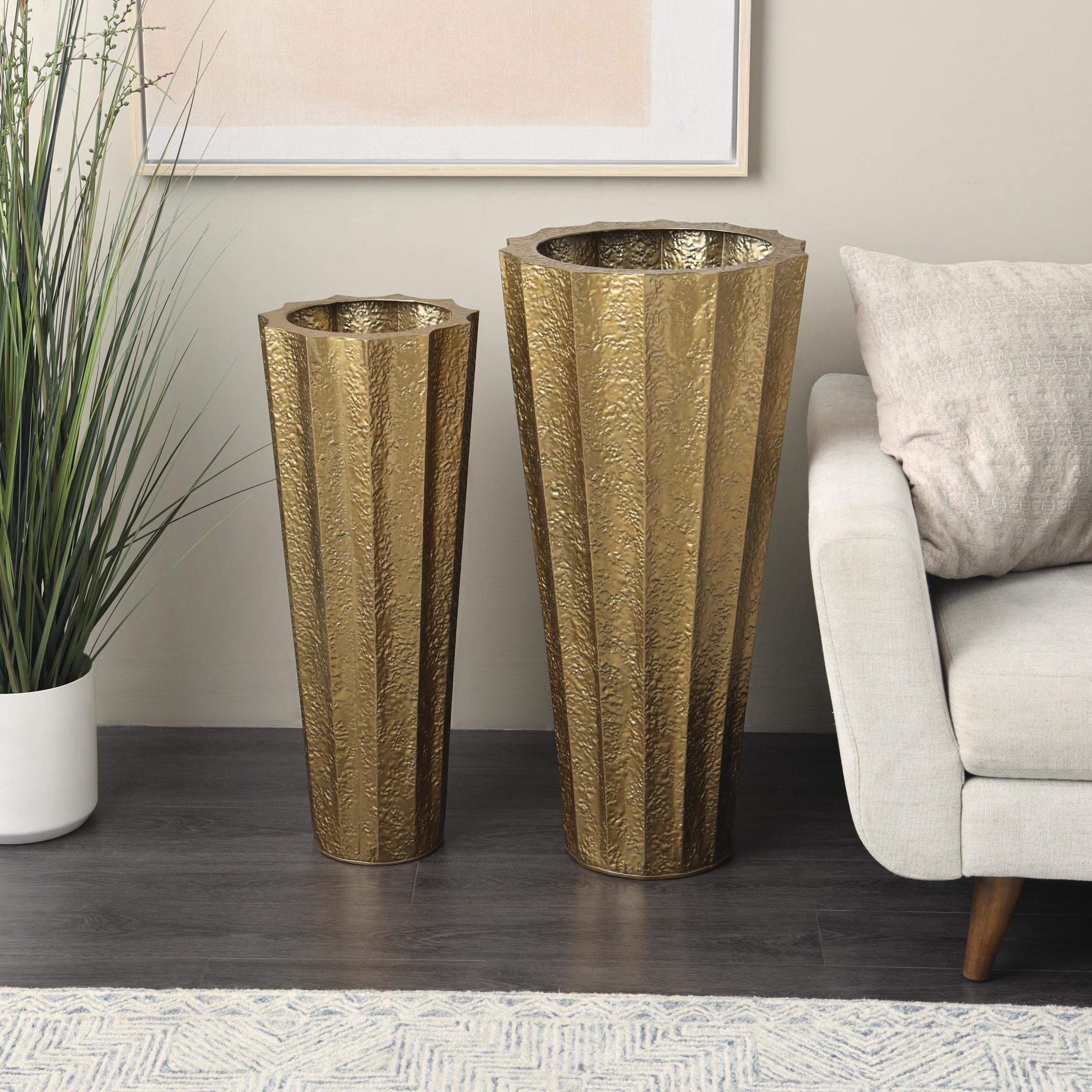 DecMode 33", 30"H Tall Textured Hammered Floor Gold Metal Vase, Set of 2