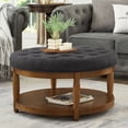 thumbnail image 2 of CQSXDA Large Round Upholstered Tufted Linen Wood Shelf Storage Coffee Table, For Living Room, Dark Charcoal, 2 of 7
