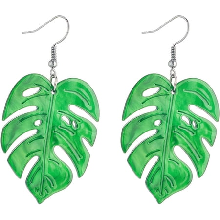 Green Palm Leaf Earrings for Women Unique Acrylic Resin Lightweight Tropical Green 3 Palm Monstera Leaves Layered Plant Charms Dangle Drop Earring Summer Holiday Beach Jewelry Gifts Nature Lover