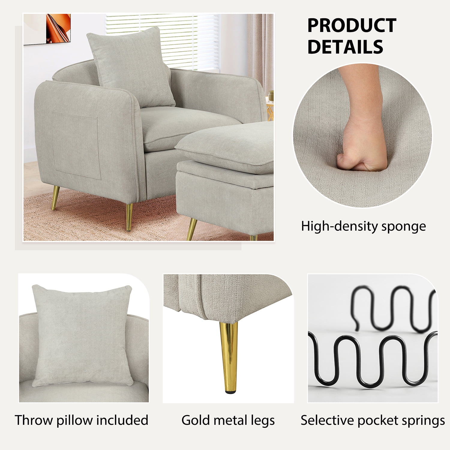 Kepooman Armchair, 35.2" Accent chairs with Ottoman Foot Rest and Pillow, Velvet Arm Chair for Small Spaces Apartment Office, Gray Kepooman Armchair, 35.2" Accent chairs with Ottoman Foot Rest and Pillow, Velvet Arm Chair for Small Spaces Apartment Office, Gray