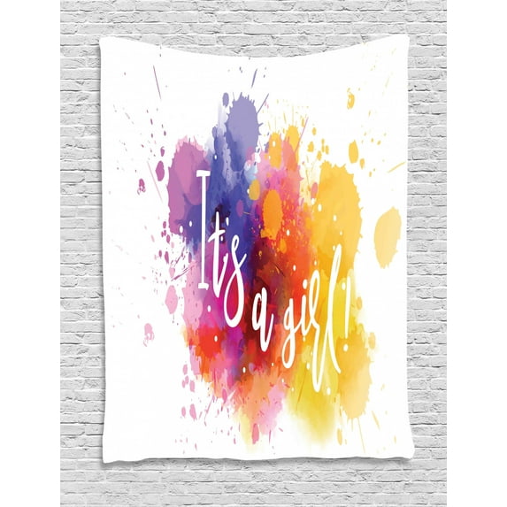 Gender Reveal Tapestry, Its a Girl Lettering on Colorful Splashed Paint Drops Watercolor Image, Wall Hanging for Bedroom Living Room Dorm Decor, 40W X 60L Inches, Multicolor, by Ambesonne