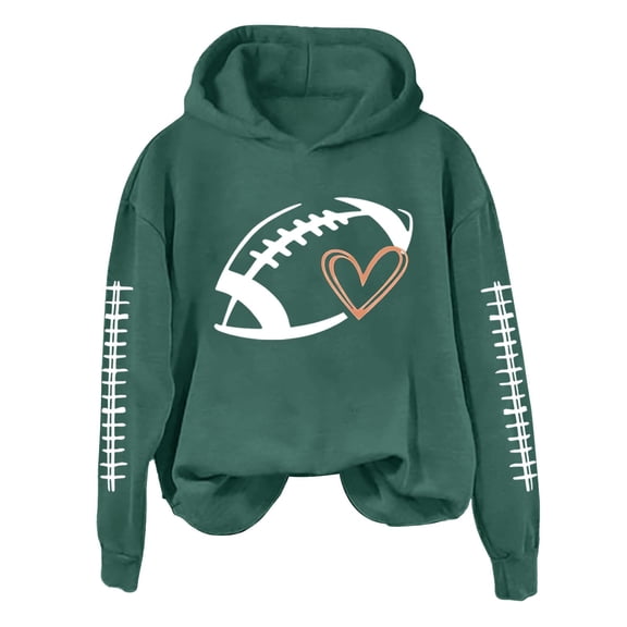 Football Hoodies For Women,Game Day Sweatshirts,Plus Size Hooded Pullover With Pockets,Heart Graphic,Fall Fashion 2026 Fleece Sweaters,Long Sleeve Crewneck Casual Fall Tops Blackish Green 3XL